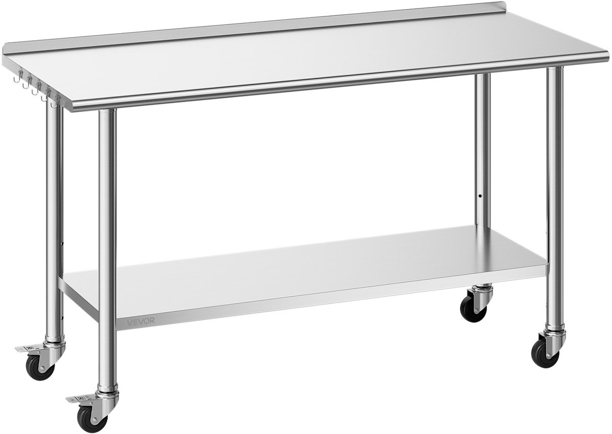 Vevor Roestvrijstalen Tafel voor Restaurants, 1524 X 610 X 894 mm, Verstelbare Roestvrijstalen Tafel met Wielen, Opstaande Rand (30 mm), Werktafel met Onderblad voor Restaurants, Bovenste Blad (254 kg), Onderste Blad (209 kg) Zilver