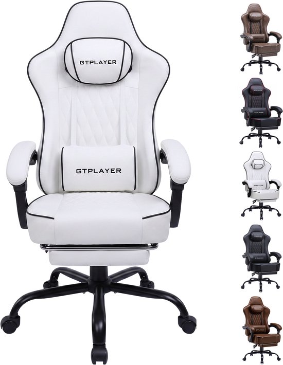 GTPLAYER - Gaming Stoel - Met Synchronmechanik en Kussens - Wit Kunstleer