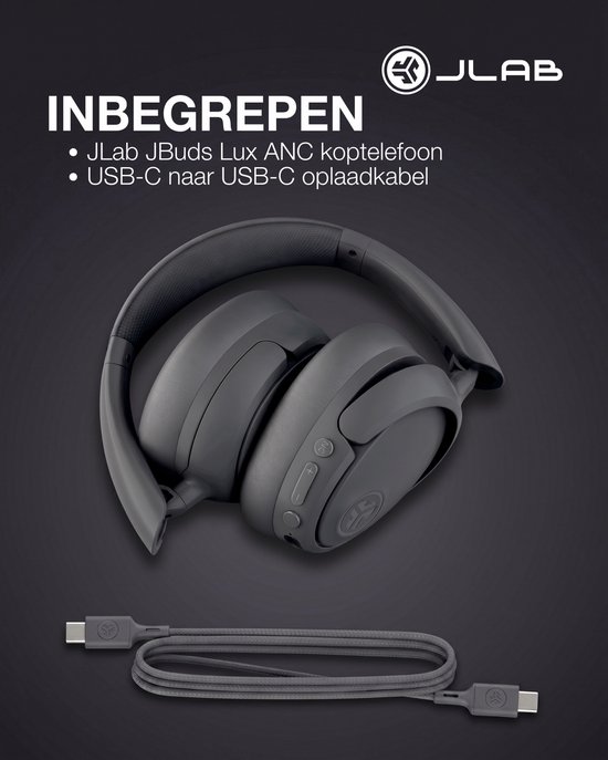 JLab Jbuds Lux ANC Draadloze Koptelefoon Bluetooth - Active Noise Cancelling Over Ear Hoofdtelefoon - 70 uur Batterijduur - Be Aware Audio - Multipoint - Aanpasbare Equalizer - Inklapbaar - Zwart