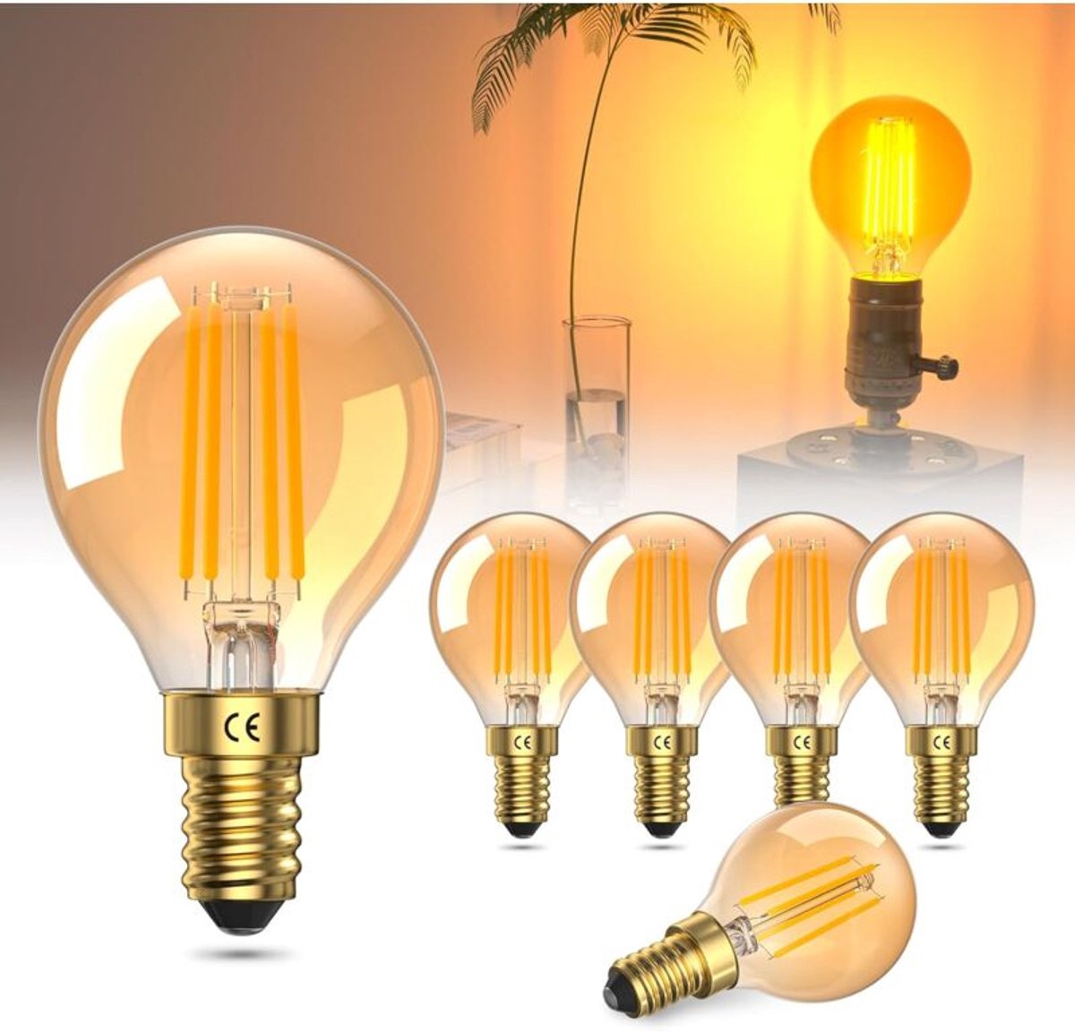 lamp-E14 4W LED-lamp, warm wit licht 2200K, amberkleurig glas, equivalent aan een 40W G45 gloeilamp, AC 220-240V, verpakking van 6 stuks.