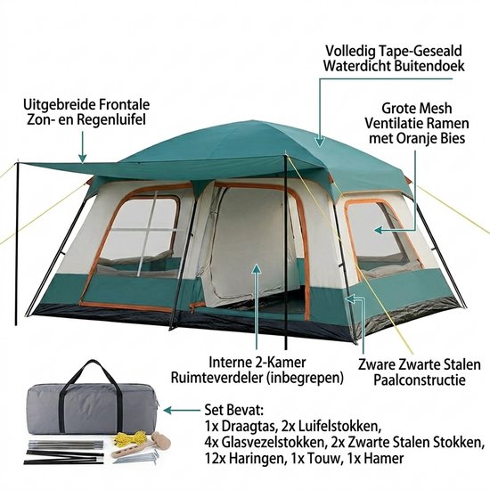 LUMÉ STORE Glampingtent - Kampeertent - Campingtent - Familietent - 2-4 Personen - Waterproof - Muggengaas - UV Bescherming - Groen — afbeelding 3