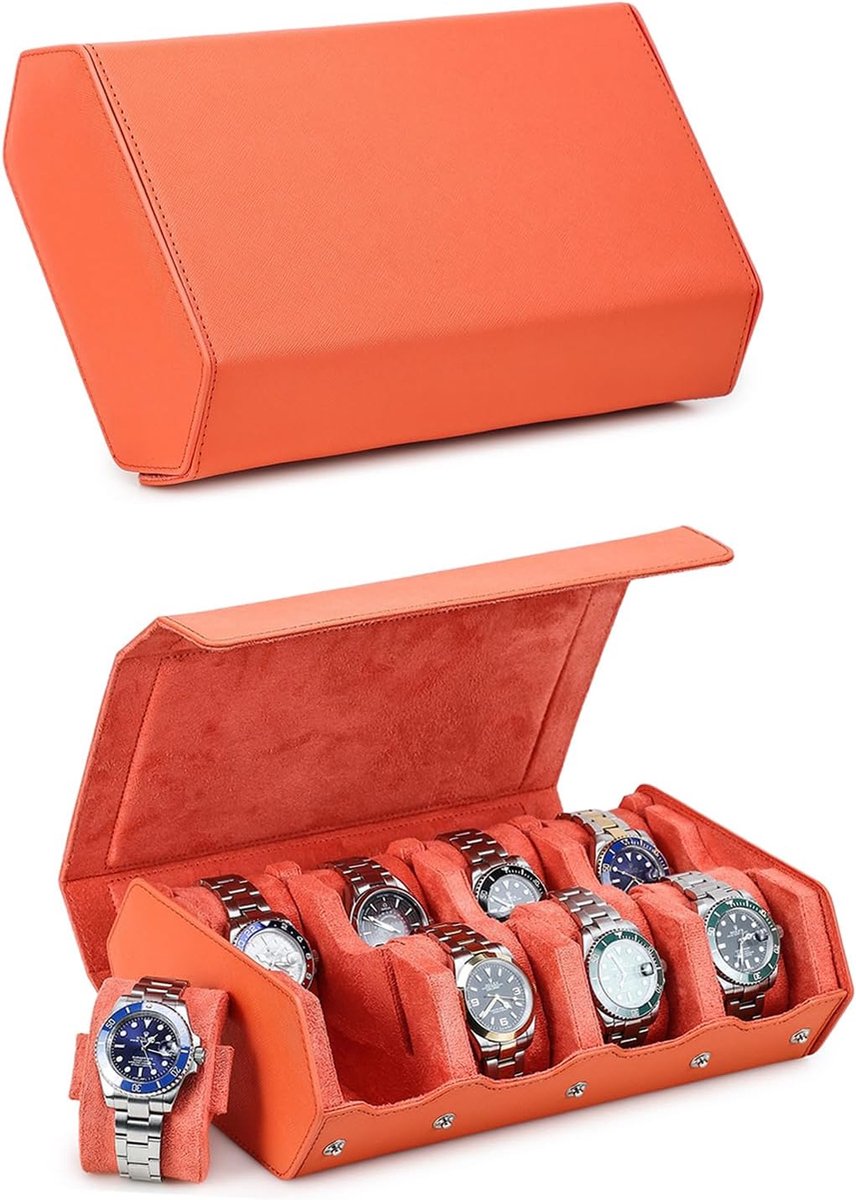 Zeshoekige horlogedoos van echt leer met 8 vakken, beschermende opbergdoos voor 8 horloges, opbergdoos voor herenhorloges (oranje)