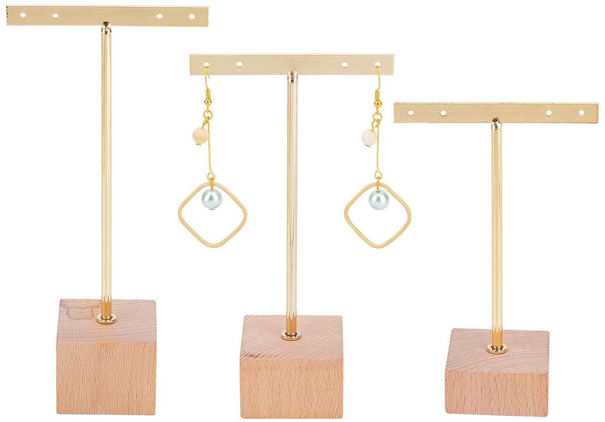Dailygoods - Dailygoody - T Bar Earring Display Stand - Sieradenhouder - Goud - Houten Basis - Oorbellenhouder - Perfect voor Winkels en Fotografie