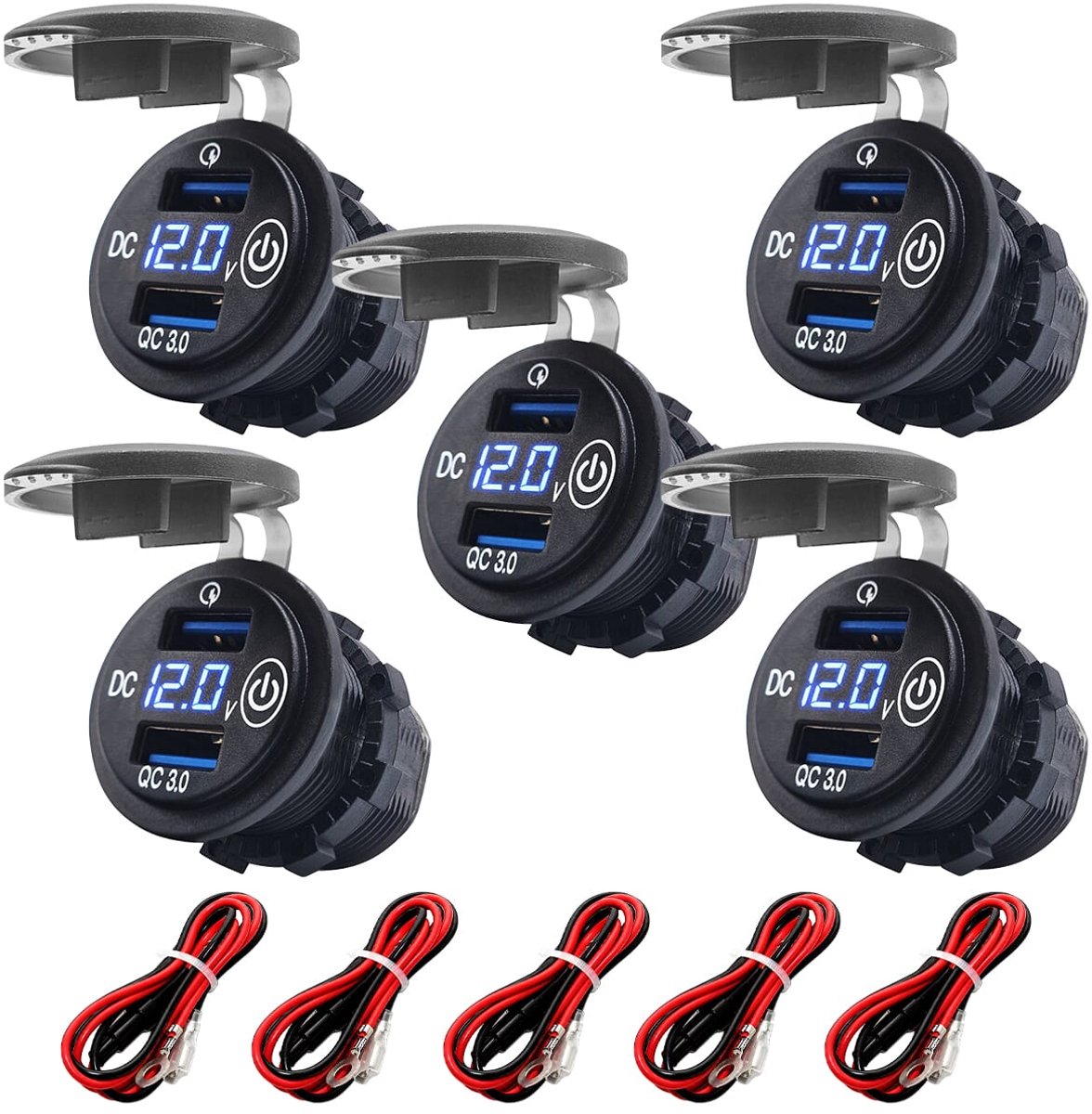 ProRide 12V USB Wandcontactdoos Inbouw - 2 USB Poorten - Voltmeter - QC3.0 - Blauw - Kabel en Zekering - 5 stuks