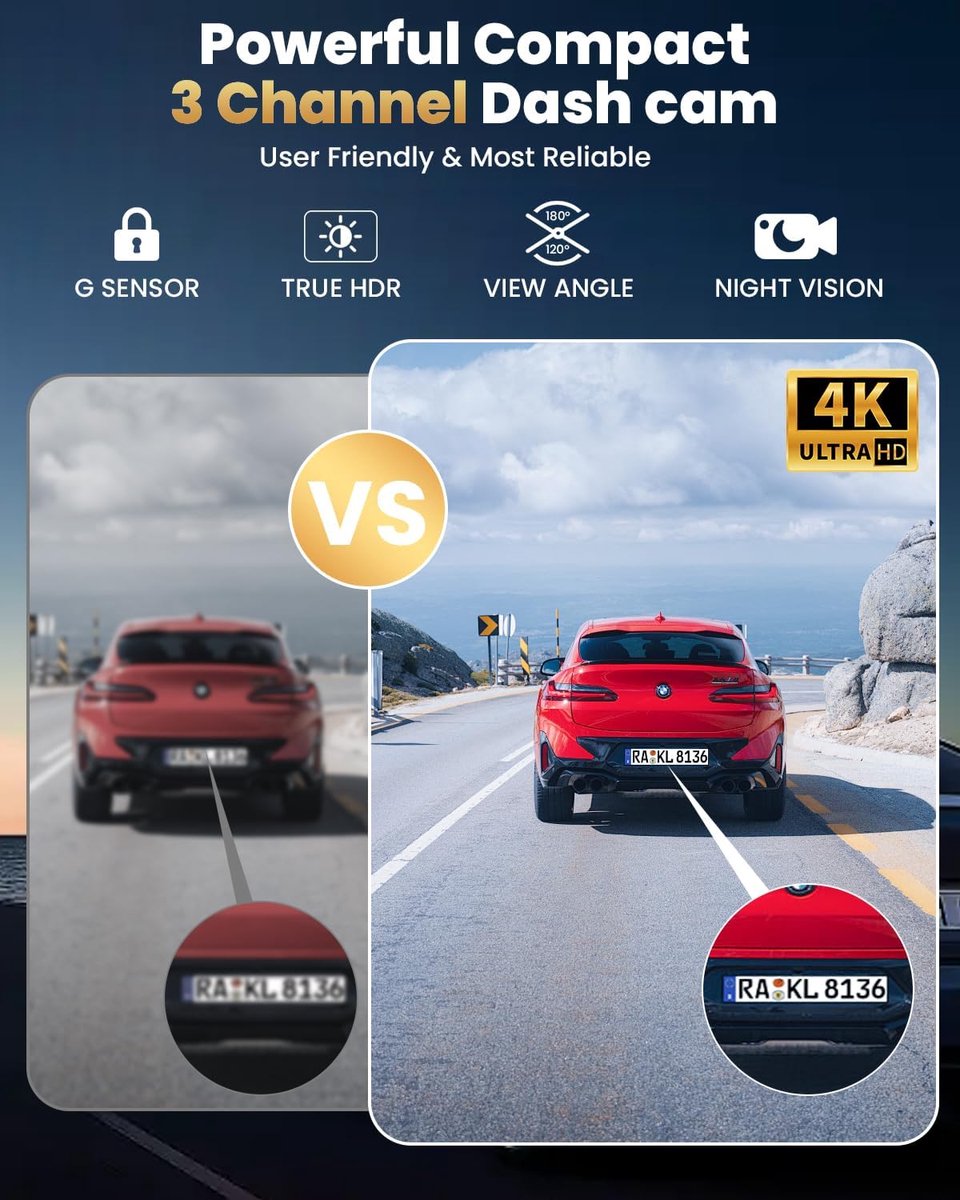 Dashcam Auto 4K 3 Kanaals - Voor, Achter en Interieur Camera - WiFi App - Nachtzicht - 64GB – foto 6