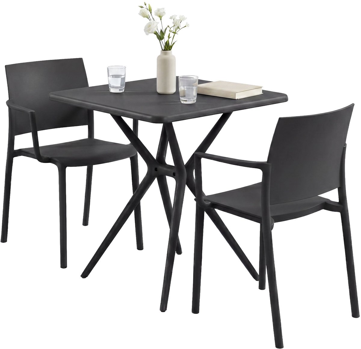 CLP Weerbestendige tuinmeubelset Pula, set met 2 stapelstoelen en bistrotafel zwart