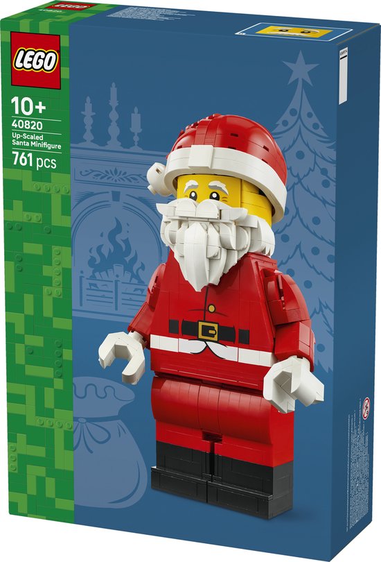 LEGO opgeschaalde Kerstman minifiguur in rood pak met zwarte riem en kerstmuts.