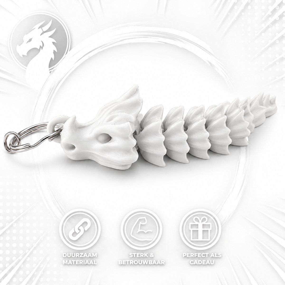 Botten Draak Sleutelhanger XXL - Flexibele Draak Sleutelhanger - Dragon Keychain Voor Kinderen En Volwassenen - Fantasy Accessoire Voor Sleutels Tas Rugzak - Cadeau Voor Dragon Liefhebbers - 10 CM - Wit