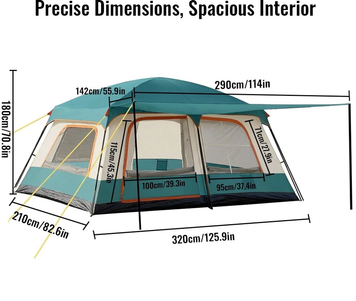 Tent - Campingtent - Familietent - Kamperen - Camping - 4-6 Personen - 320x210x180 cm - Uitklapbaar Zonnedak - Snelle Opzet - Groen/Beige – foto 4