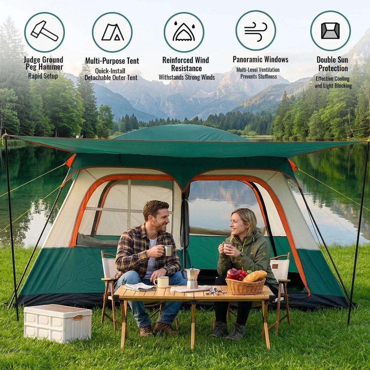Tent - Campingtent - Familietent - Kamperen - Camping - 4-6 Personen - 320x210x180 cm - Uitklapbaar Zonnedak - Snelle Opzet - Groen/Beige – foto 2