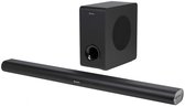 Zwarte Audizio soundbar en een vierkante subwoofer met ronde opening, afgebeeld op een witte achtergrond.