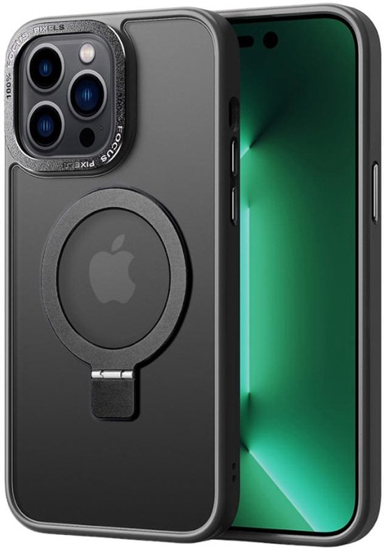 Zwart hoesje met Apple logo en magneetring, naast een iPhone 16 Pro.