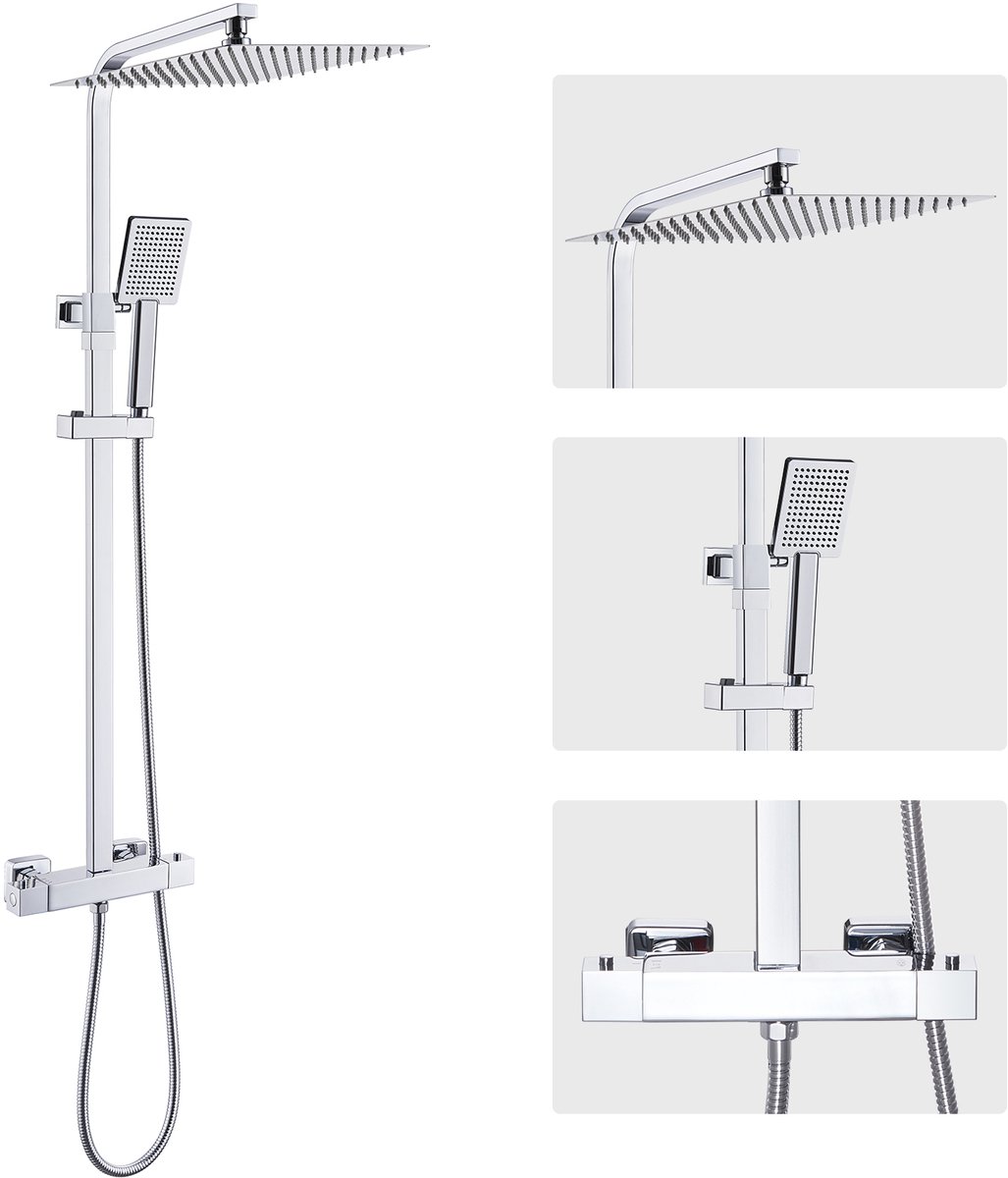 Auralum Max Thermostatische Regendouche set - Verlengde Douchestang tot 123 cm - Renovatievriendelijk - Vierkant - Chroom