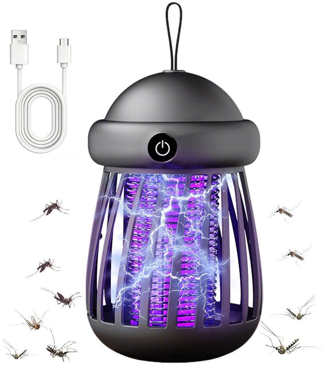 Elektrische muggenlamp Geschikt voor binnen en buiten, 2-in-1, oplaadbaar via USB, UV-lamp en verlichting, 360° Geschikt voor gebruik in de tuin en op de camping, zwart