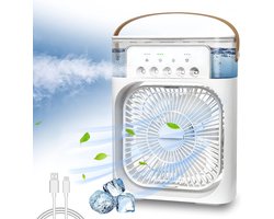 Luchtbevochtigende mistventilator - tafelventilator - stille handventilator - drie windsnelheden - LED-verlichting - compact en draagbaar - koele luchtstroom -Wit- 25,5 x 18,5 x 8 cm