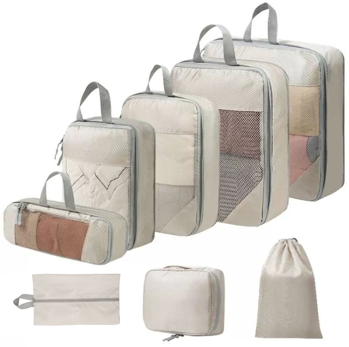 8-Delige Reisorganizer Set – Kleding Organizer voor Koffer met Schoenentas & Toilettas – Beige