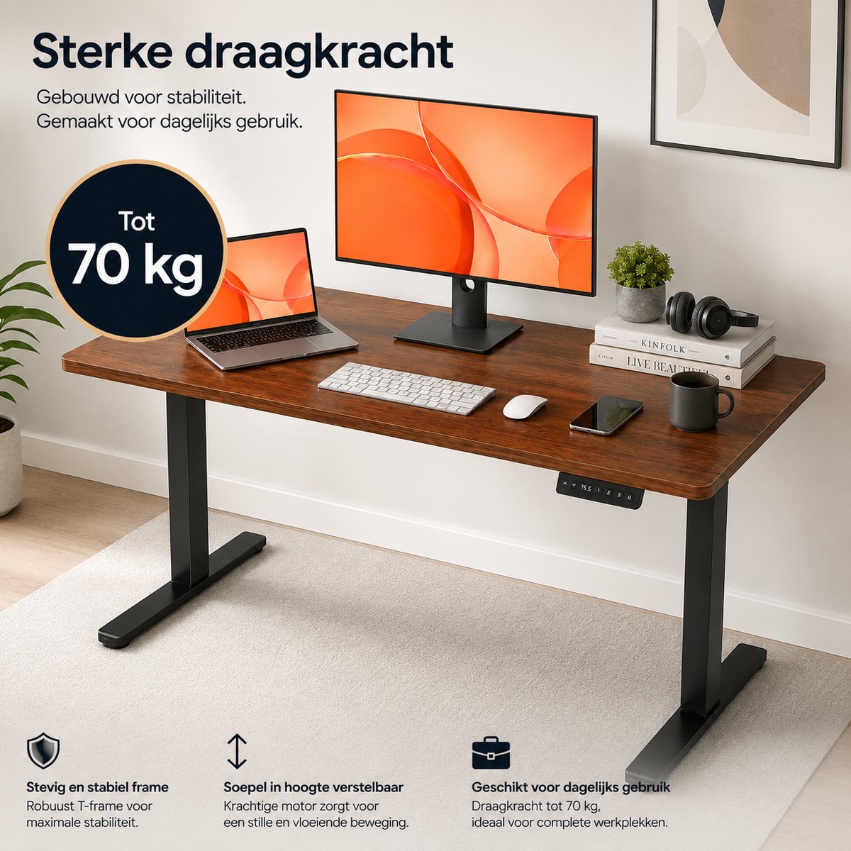 YYchan Zit Sta Bureau Elektrisch 120x60 - Gaming Bureau - Elektrisch verstelbaar - Tafelblad uit één stuk - Geheugenbediening, Stabiel T-Frame, met Koptelefoonhaak - Hoogteverstelbaar 72–118 cm - Walnoot Zwart thumbnail 5