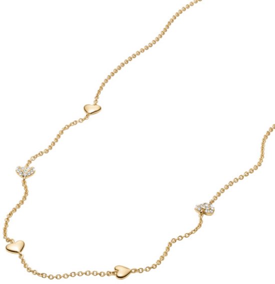 Gouden collier met afwisselend hartjes en bloemvormige bedeltjes bezet met steentjes.