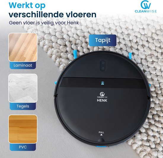 CleanWise Henk Robotstofzuiger – Nederlands Product – Voor Huisdieren – Met Dweilfunctie & Laadstation – Dweilrobot – 4500 Pa – HEPA 14 – Ultra dun 7,4 cm – App & Spraakbediening – Voor Huisdierharen, Harde Vloeren & Tapijt