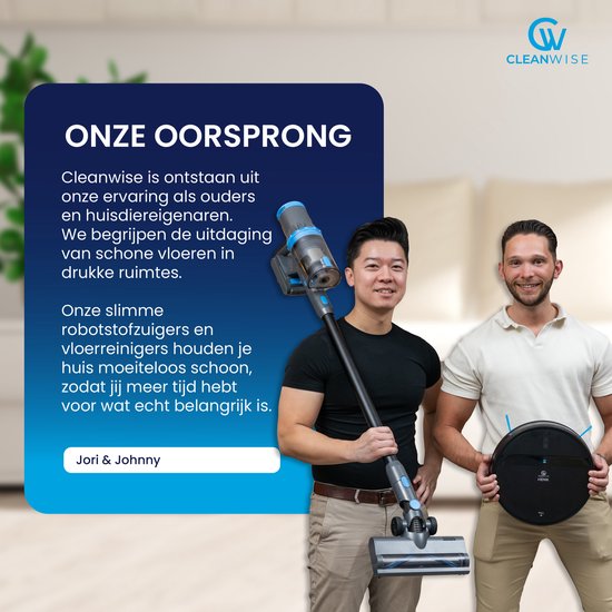 CleanWise Henk Robotstofzuiger – Nederlands Product – Voor Huisdieren – Met Dweilfunctie & Laadstation – Dweilrobot – 4500 Pa – HEPA 14 – Ultra dun 7,4 cm – App & Spraakbediening – Voor Huisdierharen, Harde Vloeren & Tapijt
