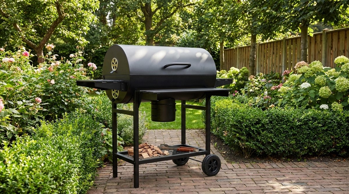 Houtskool Barbecue Grillwagen XXL – House&Garden Premium BBQ met Deksel, Thermometer, XXL Grillrooster (70x35 cm), Kippengrill, Aslade, Ventilatiesysteem, Zijplank, Wielen & Opbergruimte – Roestvrij Staal Outdoor Tuinbarbecue Zwart