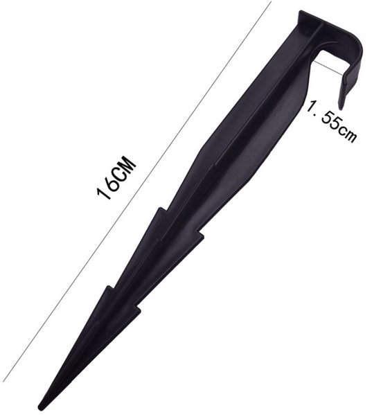 Zwarte grondpen van 16 cm lang met een haak en scherpe punt.