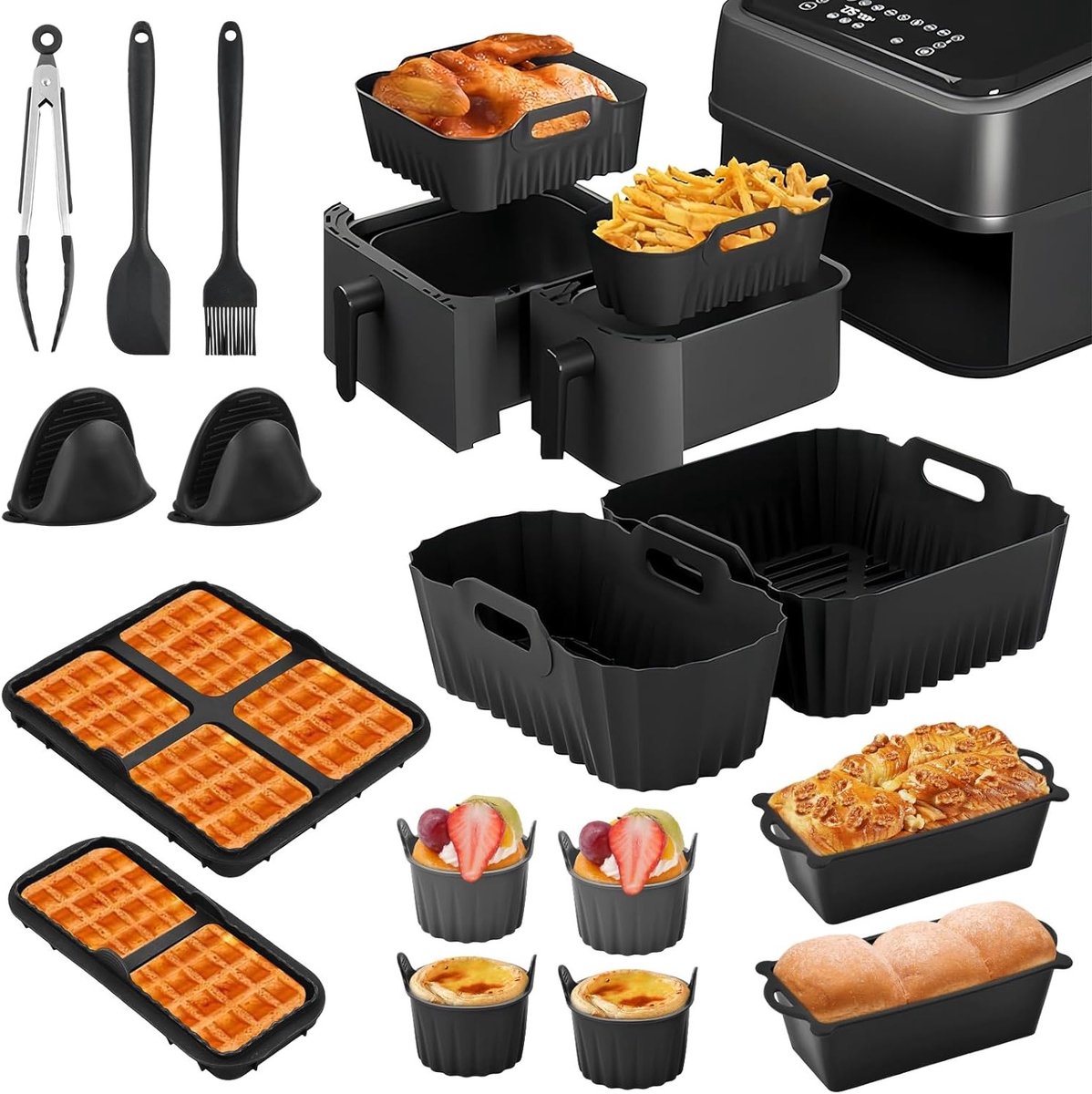 Accessoires voor Dubbele Mand Airfryer Serie 3000 (6L/3L) - 15 Stuks Herbruikbaar Bakgerei, Wafelplaat en Mallen voor Gezonde Gerechten