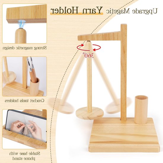 Multifunctionele Houten Wolhouder met Magnetische Steun voor Haakjes en Telefoonstandaard - Ideaal voor Breien en Haken, Draaibare Wolspoel met Natuurlijke Afwerking — afbeelding 5