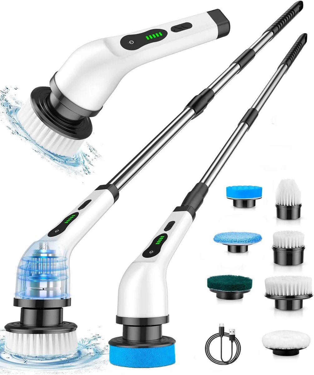 Elektrische Schoonmaakborstel Draadloos - Accu Scrubber 360° Roterend - Inclusief 8 Opzetborstels & Verlengsteel - Voor Badkamer, Keuken, Toilet, Ramen en Vloeren - Wit