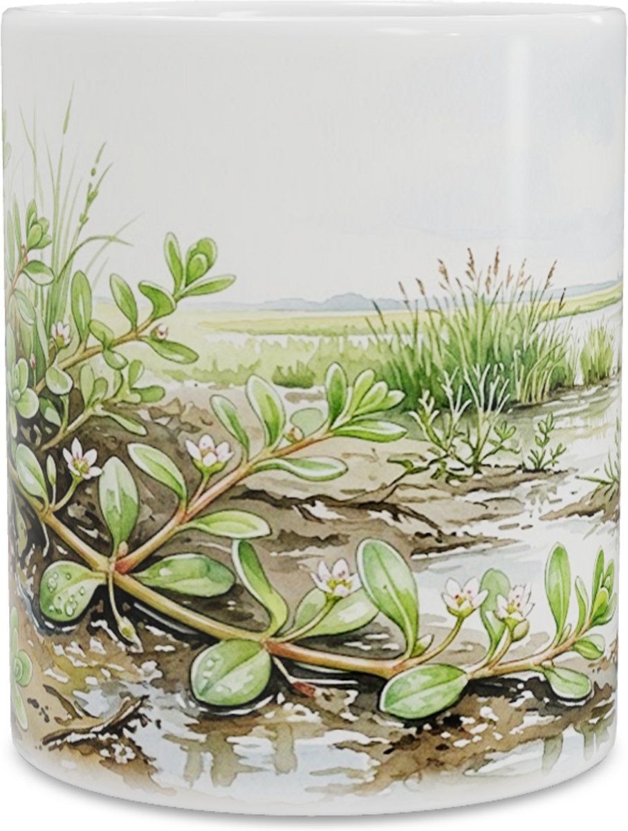 Mok Aquarel Series Klein Glaskroos aan Modderige Slootkant Polderlandschap Molen