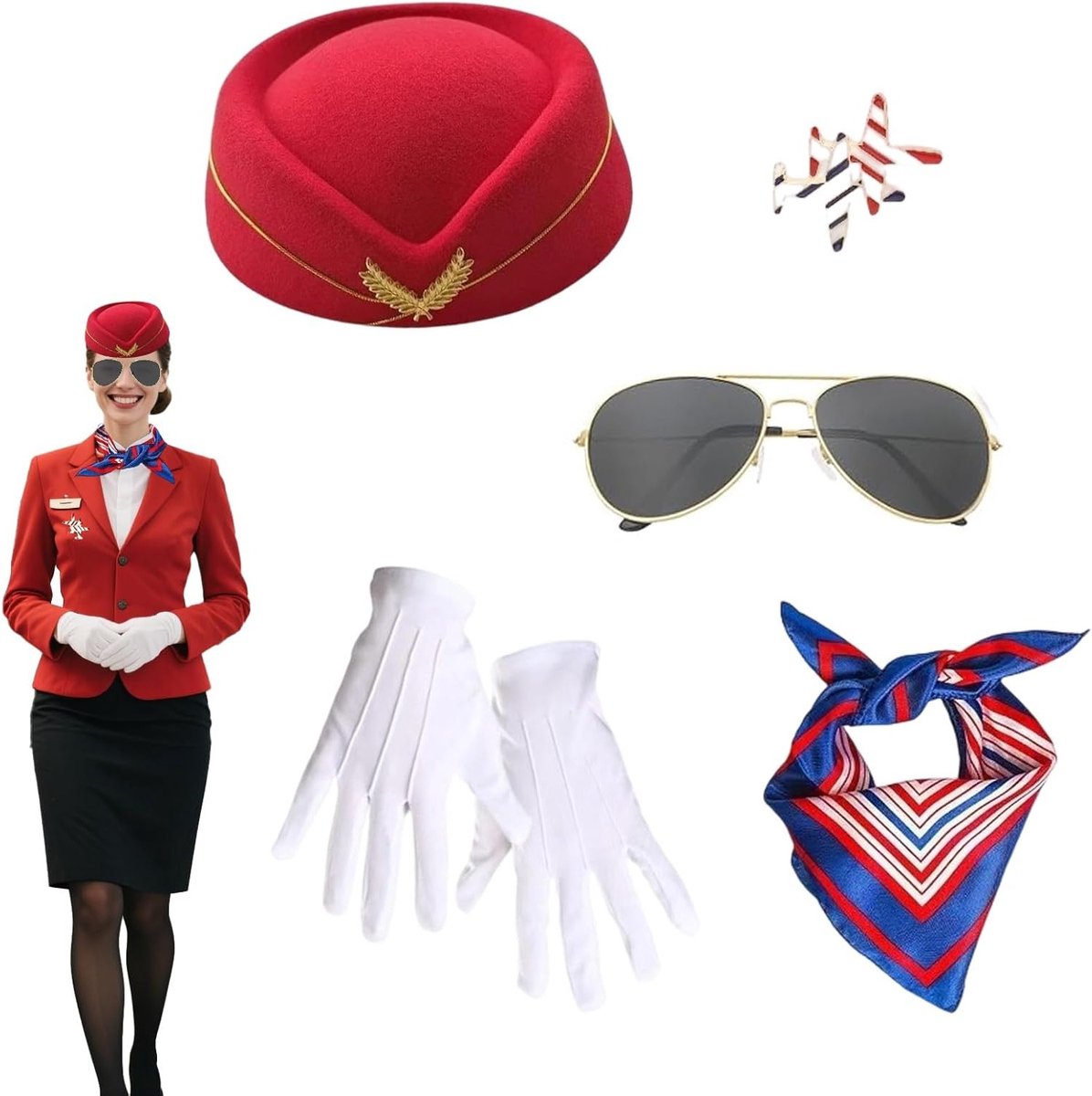 Vrouwelijk stewardess kostuum met accessoires, inclusief hoed, handschoenen en zonnebril voor een authentieke look
