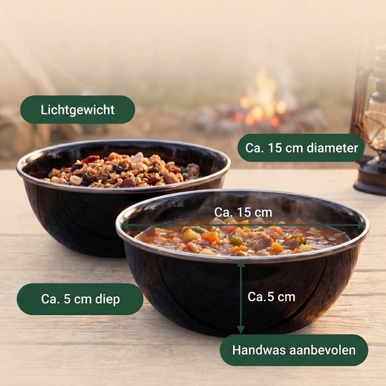 Cheqo® Campingschalen Set van 2 - Emaille Schalen - Camping Servies - Emaille Kommen - Camping Kommen - Emaille Borden - Kampeer Servies - Outdoor Servies - Diepborden - Zwart - Kamperen - Geëmailleerd - Picknick — afbeelding 2