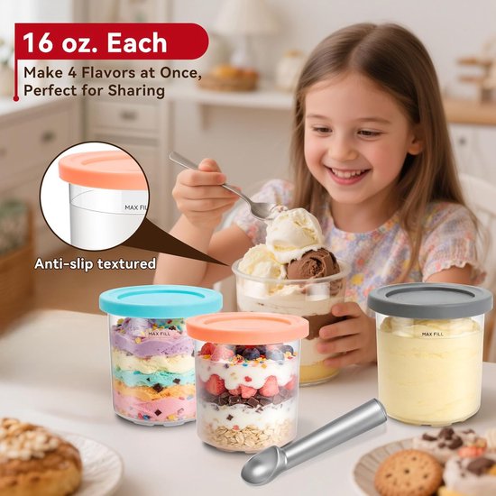 4-Pack Ijsbekers geschikt voor Ninja Creami (NC300 & NC301 en NC299AMZ Series) - 16oz Ijsbakken met Deksels - Bekers Geschikt voor Ninja Creami Ijsmachine - Ijsmaker - Ijsvormpjes - Ijs Maken - BPA-Vrij - Vaatwasmachinebestendig en Lekvrij - SOLLBRY® — afbeelding 4