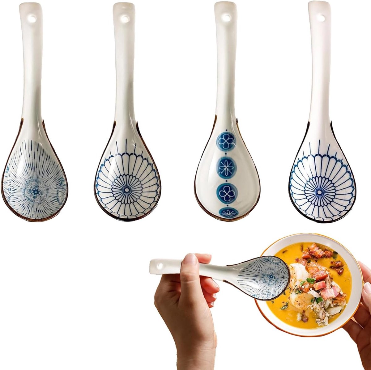 Set van 4 Keramische Soeplepels in Retro Stijl - Ideaal voor Soep, Wontons en Noodles