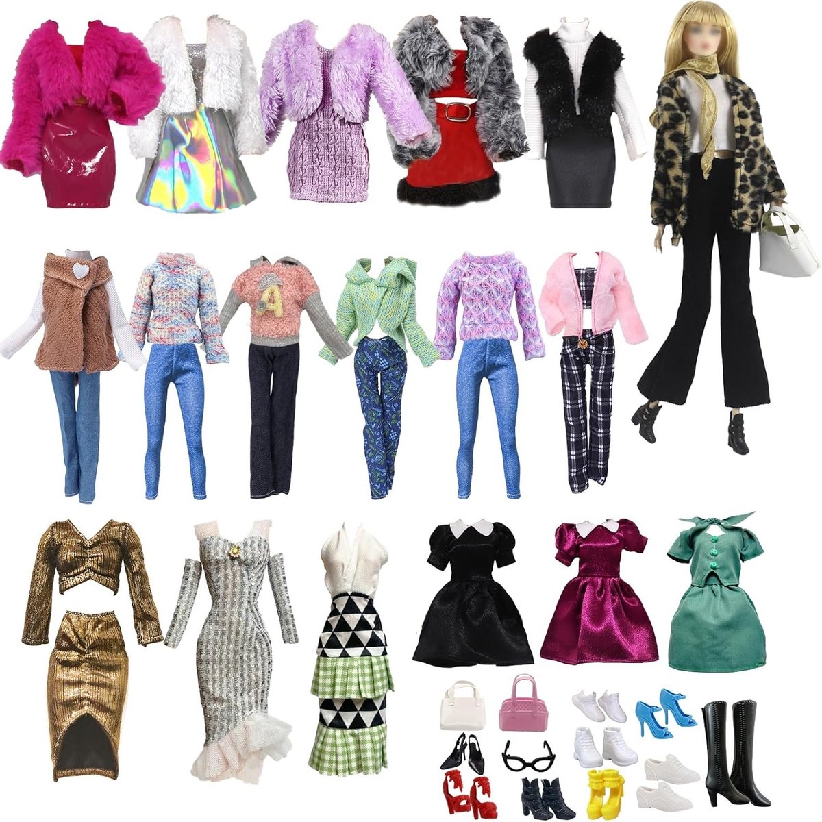 Complete set van 19 kledingstukken en accessoires voor 11,5 inch poppen, inclusief jasje, rokken, sweater, broeken, schoenen, tas en brillen - Perfect als cadeau voor meisjes