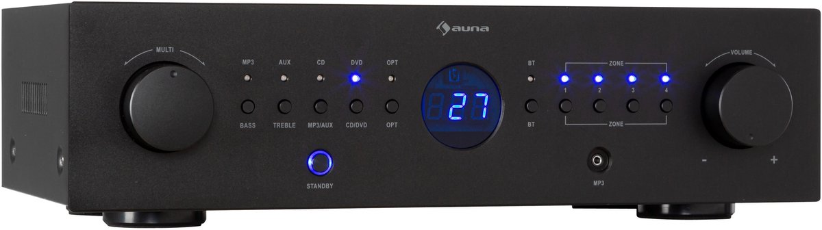 Auna Versterker, HiFi Stereo Mini Versterker, HiFi-versterker met Bass- en Treble-regelaar, 4-kanaals Audioversterker, Stereo Versterker & Luidsprekers met Afstandsbediening & AUX-ingang, AV-receiver