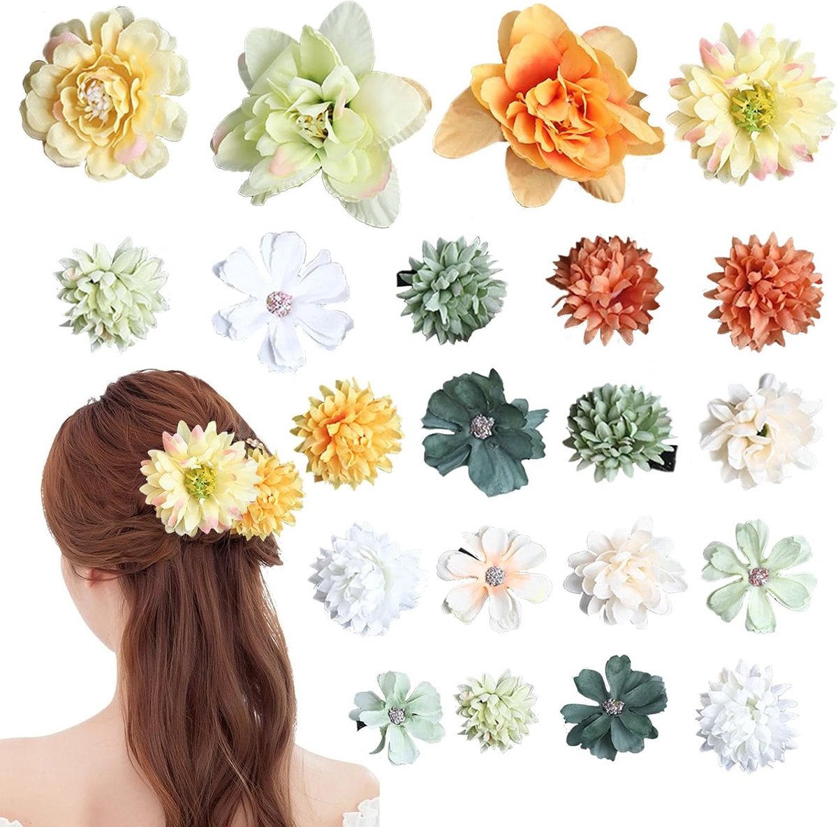 Set van 21 Multicolour Haarclips met Bloemen, Kunstbloemen Haaraccessoires voor Feest, Bruiloft en Stranddecoratie