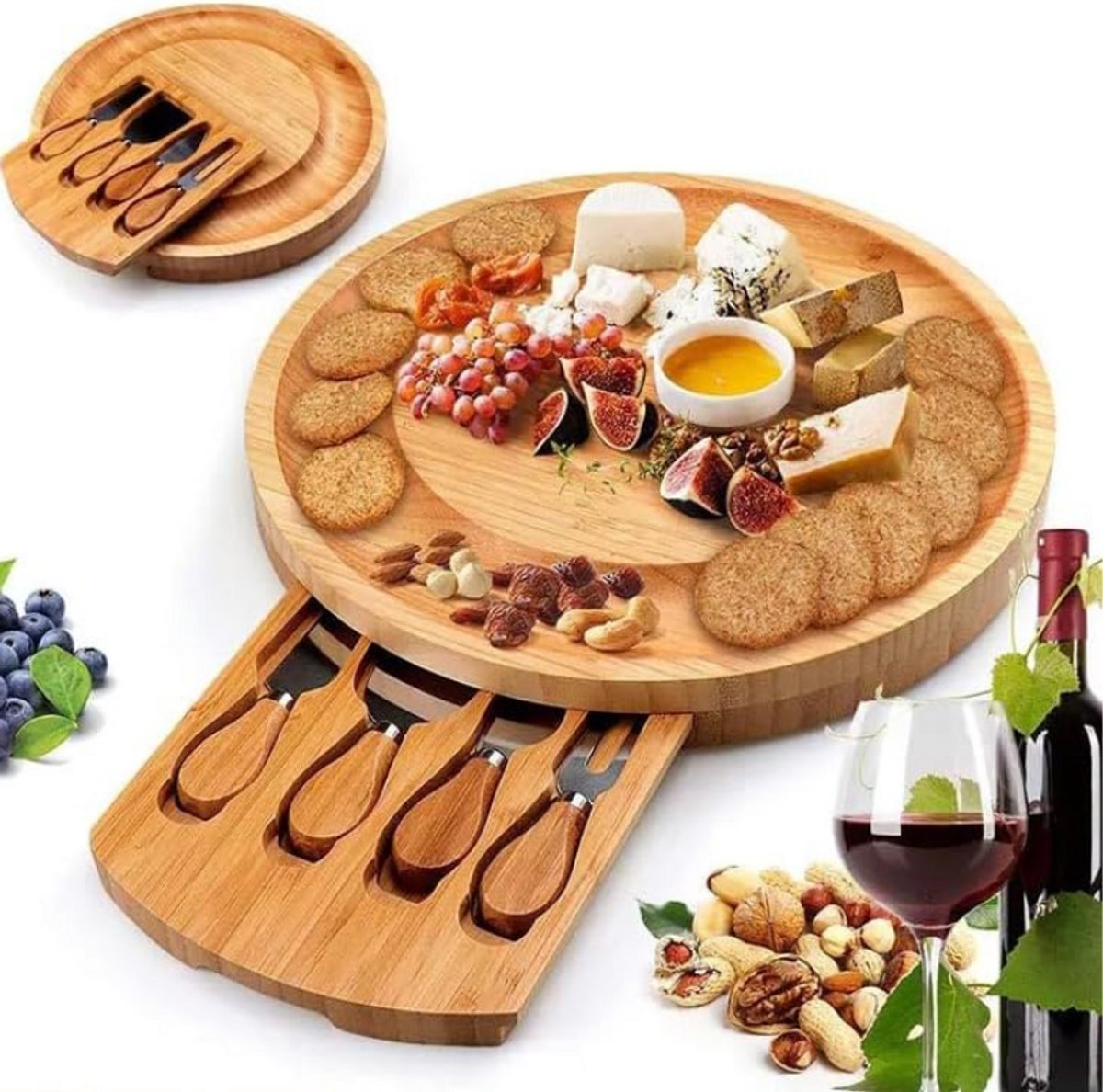 Ronde Bamboe Kaasplank Met Vier Messen Set In Magnetische Gesloten Lades