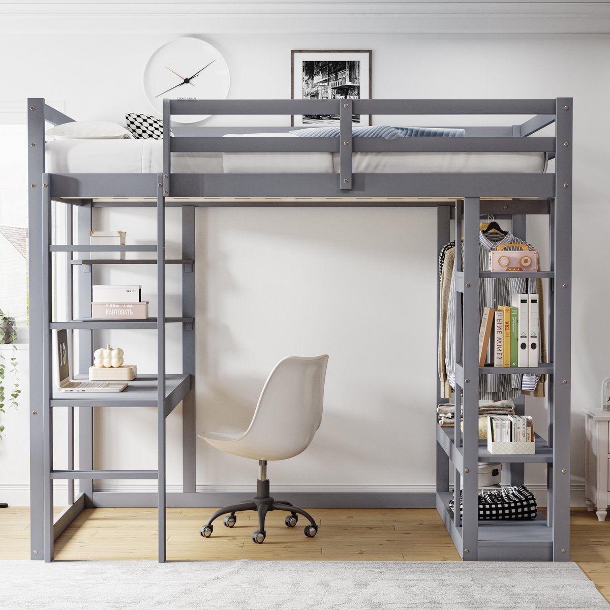 VVBV Hoogslaper 140x200 met bureau / Kinder hoogslaper – met Kledingkast, Opbergrekken, Opbergruimte, Ladder – Tienerbed – Massief Hout – Grijs Grey