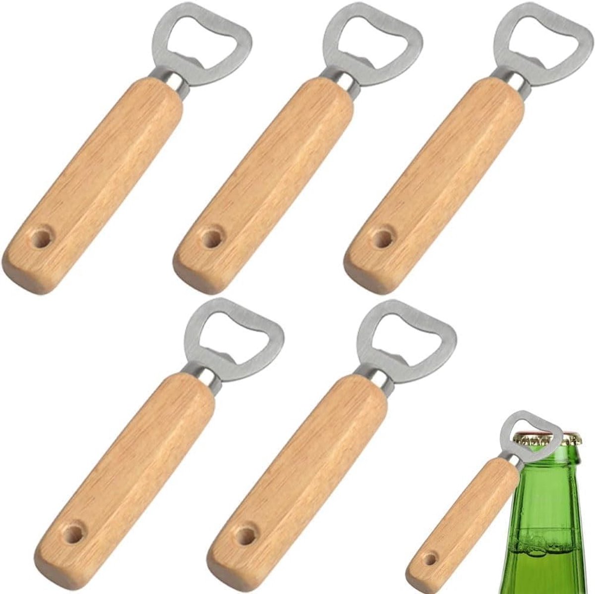 Set van 5 Houten Bieropeners, Draagbaar voor Thuis, Bar en Buiten