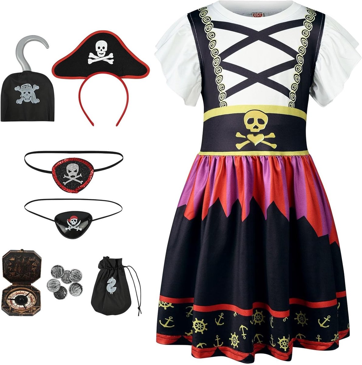 Piratenkostuum voor Kinderen met Accessoires zoals Piratenooglap en Hoofdband - Luxe Piratenprinses Jurk voor Halloween en Verjaardagsfeestjes