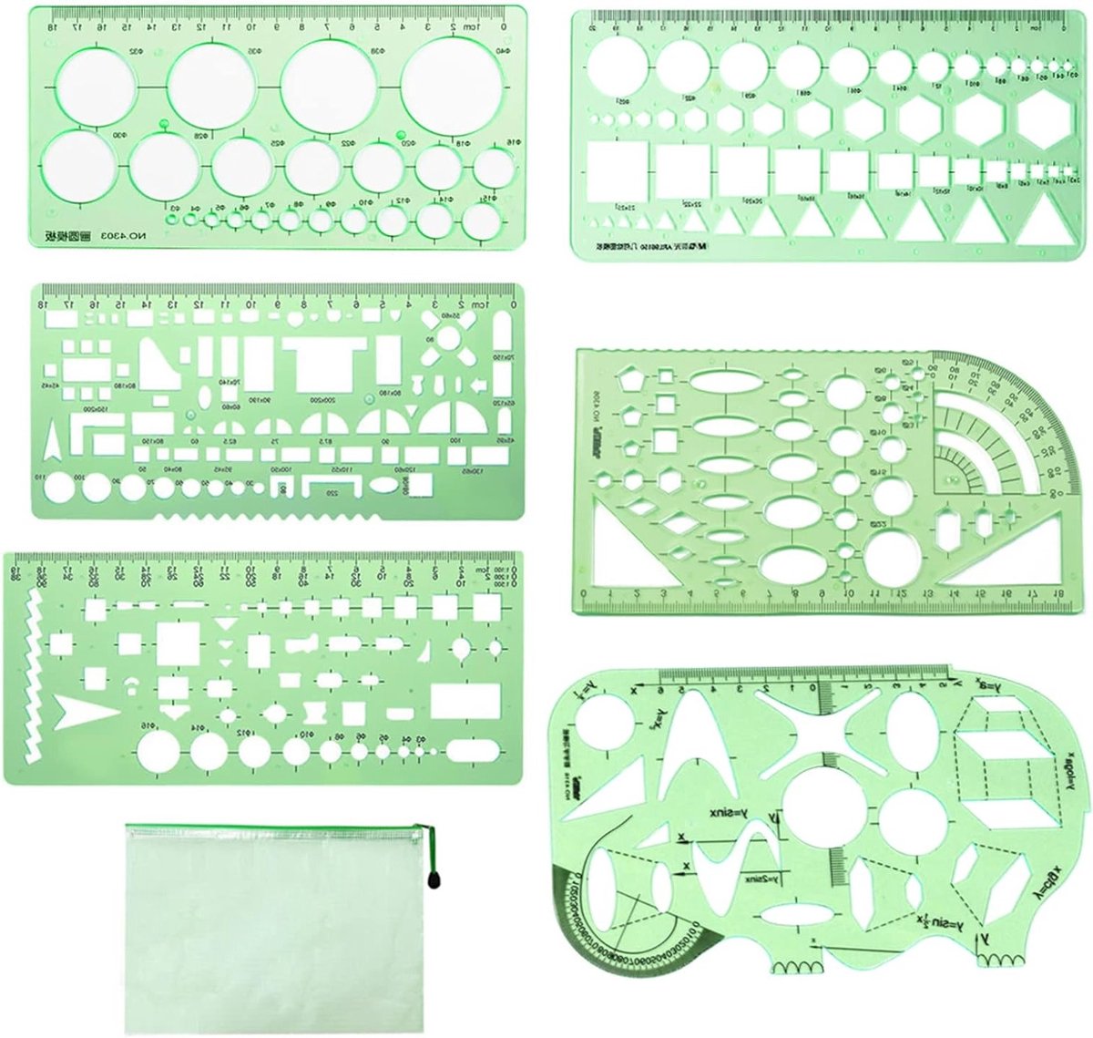 Set van 6 Geometrische Sjablonen 1-18 cm Plastic Groen Transparant voor Tekeningen en Schilderen, Perfect voor Architectuur en Schoolprojecten
