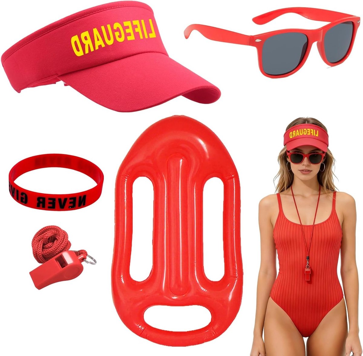 Rood Redder Kostuum Accessoires Set met Hoed, Zonnebril, Zwemhulpmiddel en Fluit voor Vrouwen, Perfect voor Carnaval en Strandactiviteiten
