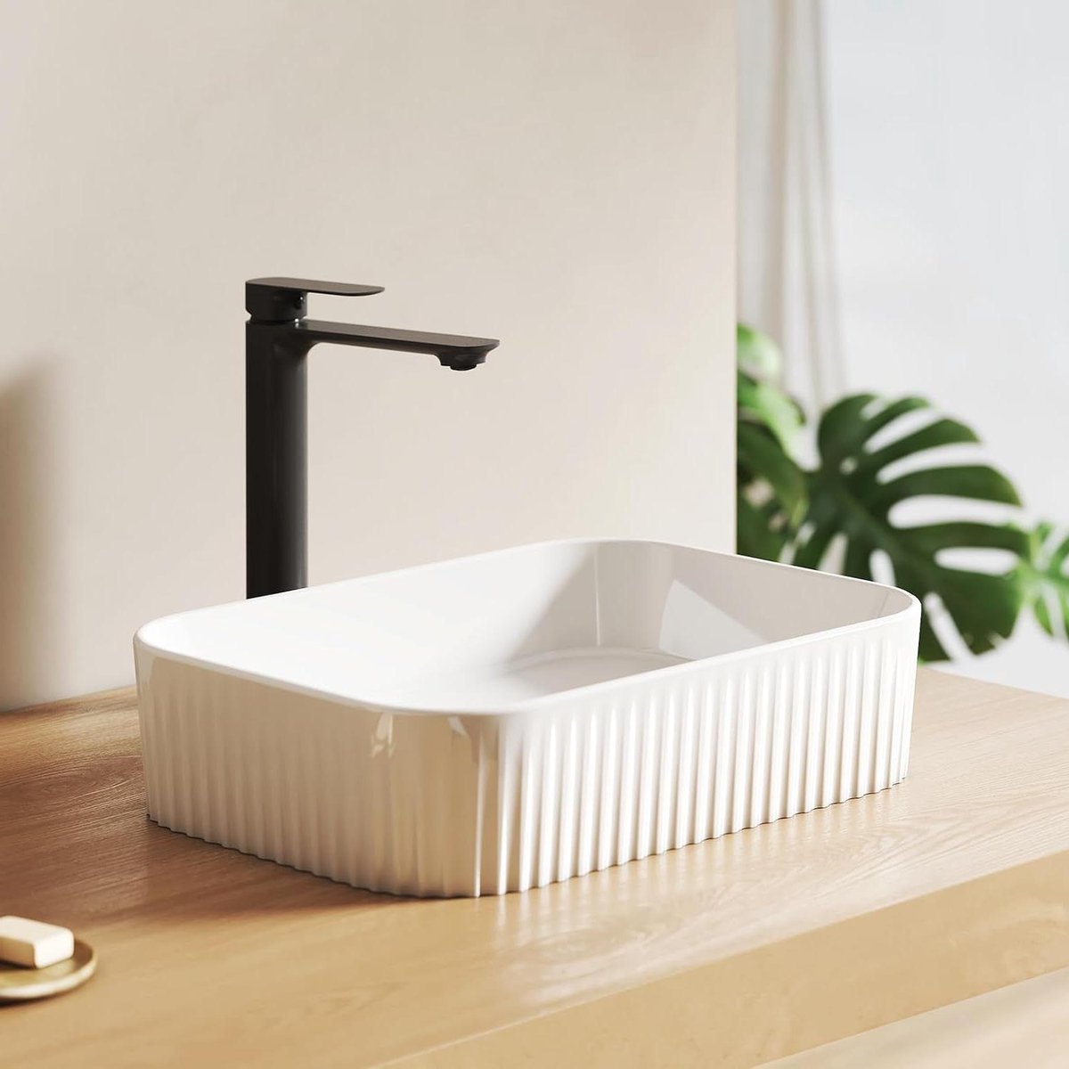 Opbouw Waskom - Keramische Wastafel - Badkamer Vernieuwen - Uniek Geribbeld Design - 45x32x11 cm - Glanzend Wit
