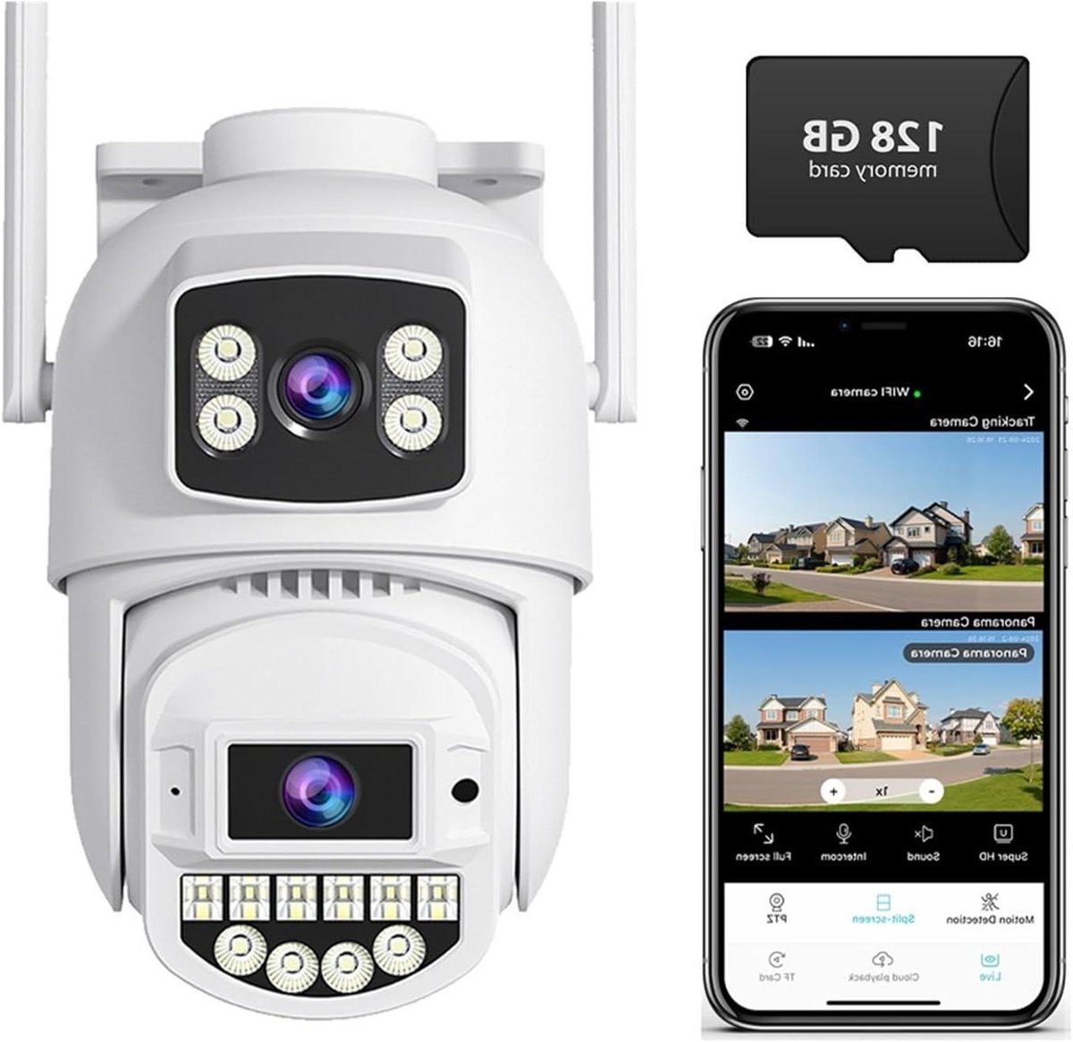 Wifi Camera Buiten - Beveiligingscamera - Huis Beveiligen - Drievoudige Lens - 8MP 4K - Wit
