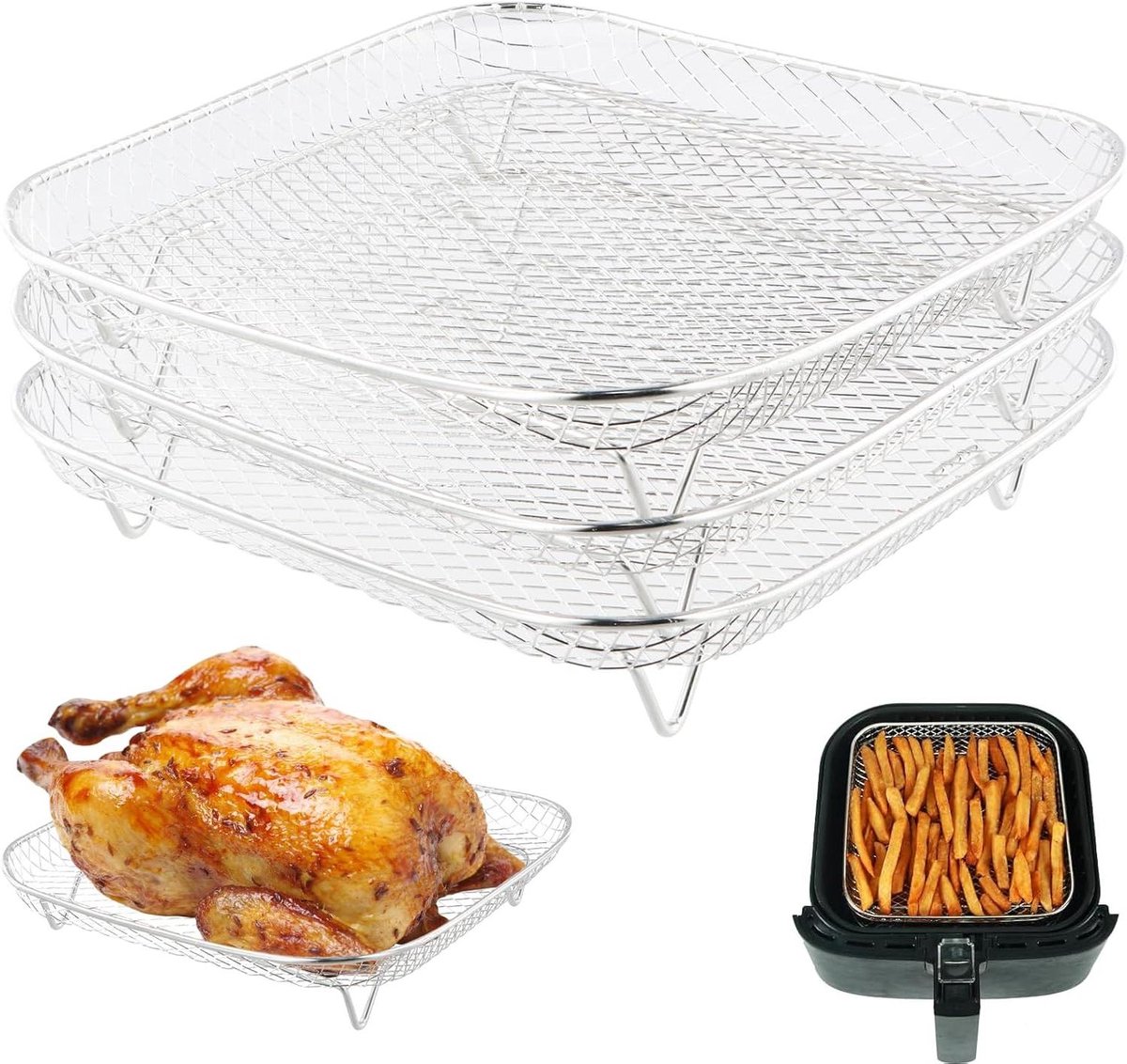 Airfryer Racks - Grill Manden - Koken Bakken - Stapelbaar Ontwerp - 3 Stuks - Zilver