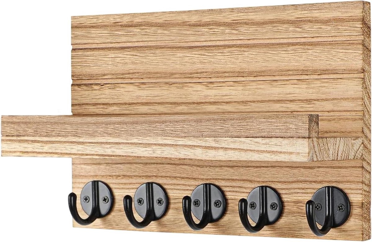 Sleutelrek Hout - Muur Organizer - Entree Ordenen - Met Brievenbak - 27.5 cm Breed - Khaki