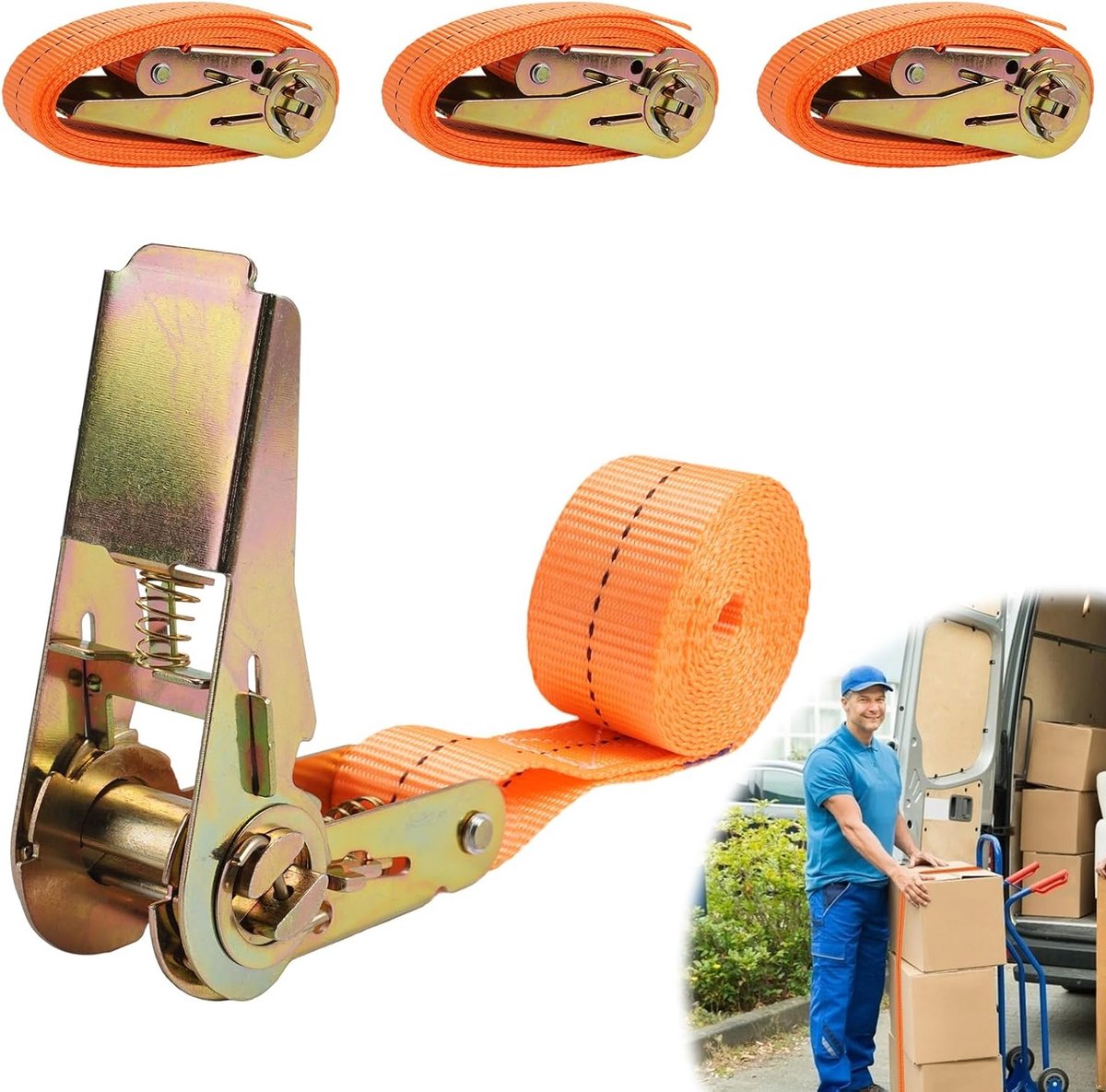 Set van 4 robuuste spanbanden van 2 m lang en 25 mm breed, verstelbare lashing straps met klemvergrendeling voor motorfietsen, bagage en lading tot 1 ton, oranje kleur voor optimale ladingbescherming