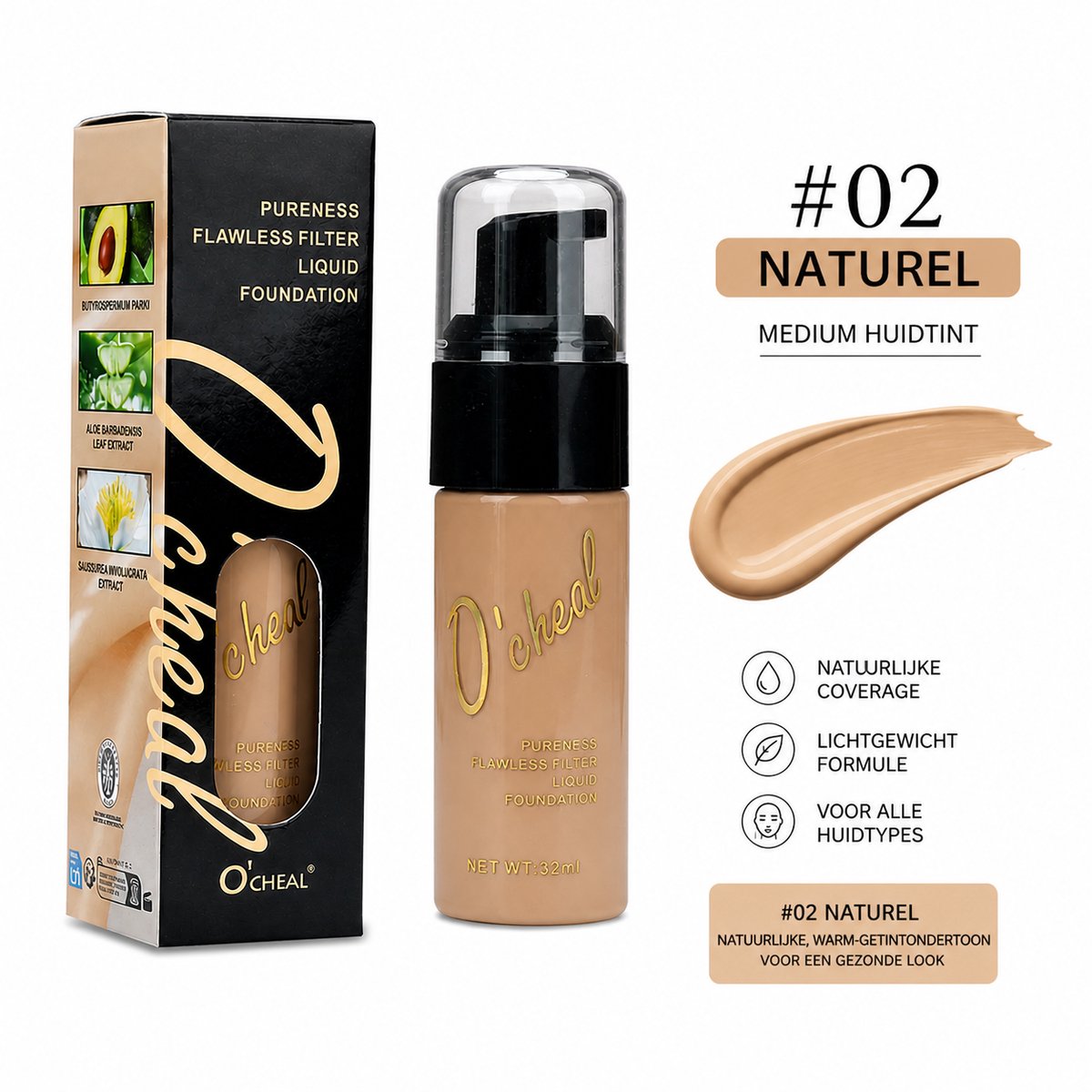 O'cheal® Foundation 02 Naturel | Vloeibare Foundation | Full Coverage | Matte Finish | Waterproof Make-up | Langdurige Foundation | Hydraterend | Concealer Effect | Fond de Teint | Make-up Basis | Oliecontrole | Voor Normale Huid # Natural 