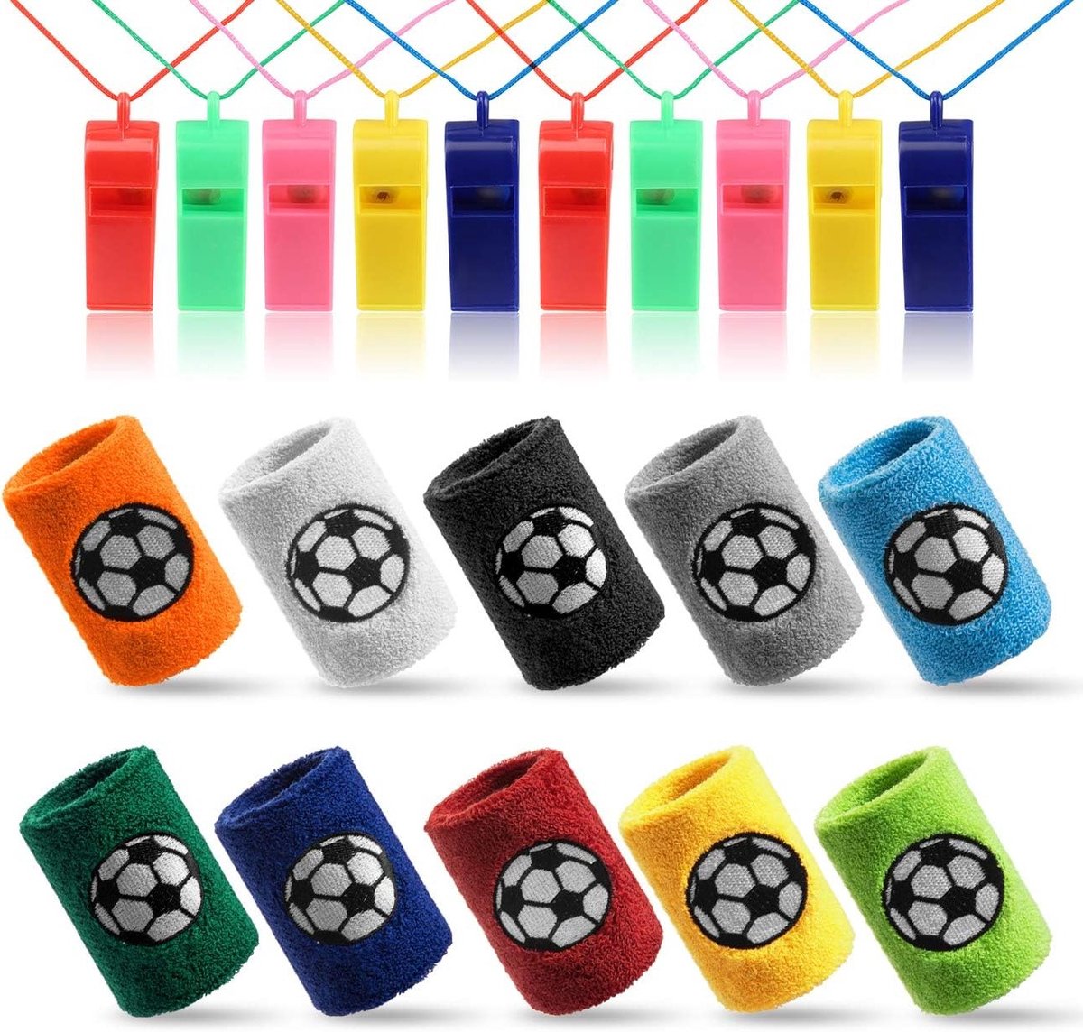 10 x Zweetbanden voor Voetbal en Sport + 10 x Plastic Fluitjes voor Feestjes en Verjaardagen in Diverse Kleuren